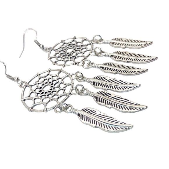 Silver boho dream catcher Dangle earrings - Picture 2 of 3